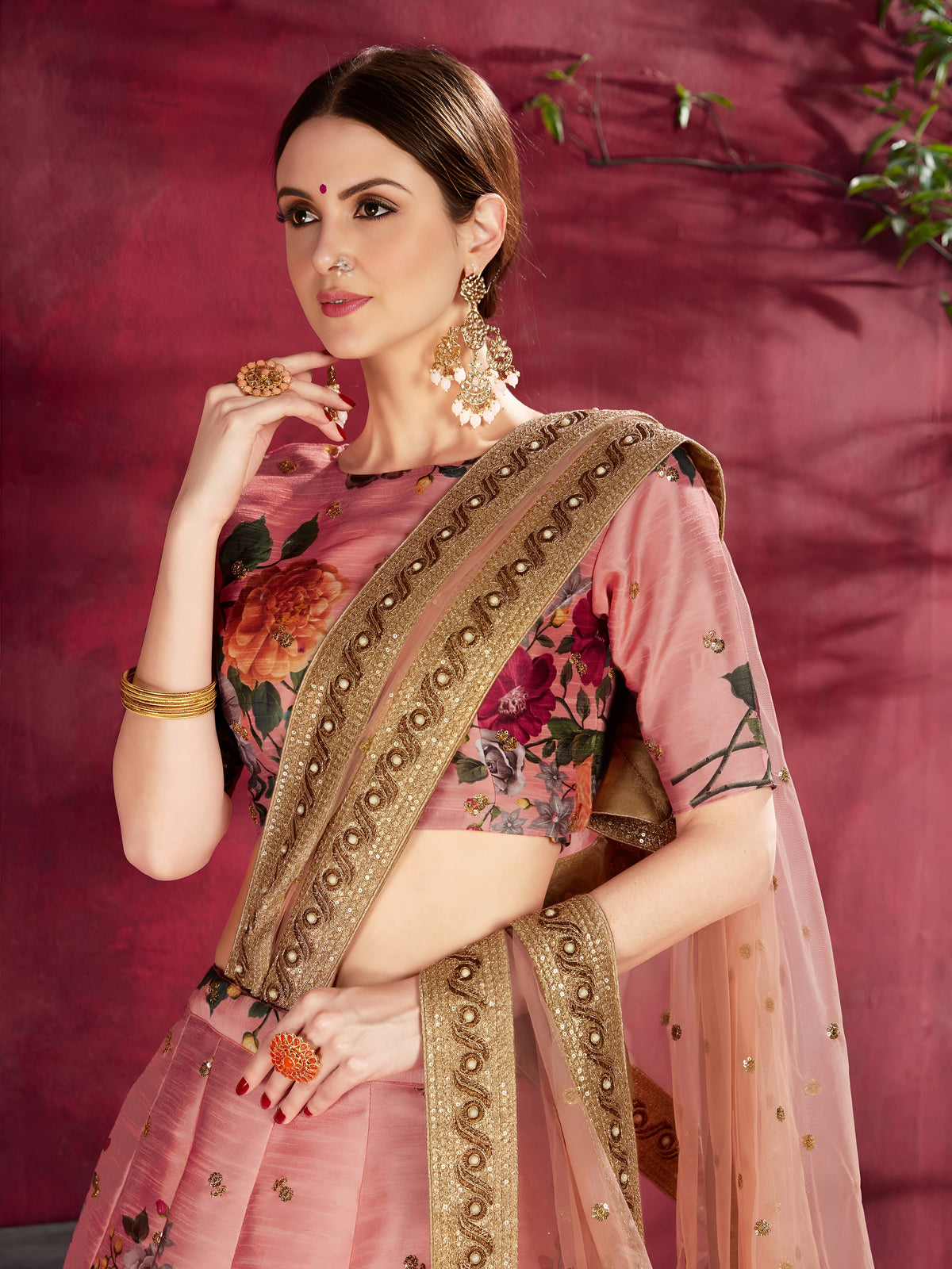 Peach Pink Floral Lehenga Choli with Heavy Golden Border & Dupatta