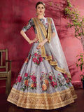 Lavender Grey Floral Lehenga Choli with Heavy Golden Border & Dupatta