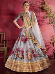 Lavender Grey Floral Lehenga Choli with Heavy Golden Border & Dupatta