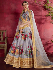 Lavender Grey Floral Lehenga Choli with Heavy Golden Border & Dupatta