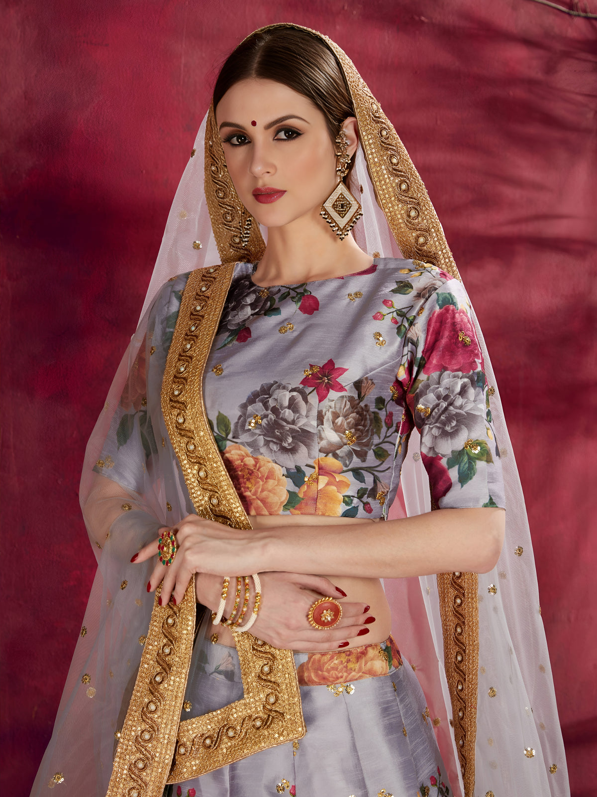 Lavender Grey Floral Lehenga Choli with Heavy Golden Border & Dupatta
