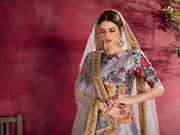 Lavender Grey Floral Lehenga Choli with Heavy Golden Border & Dupatta