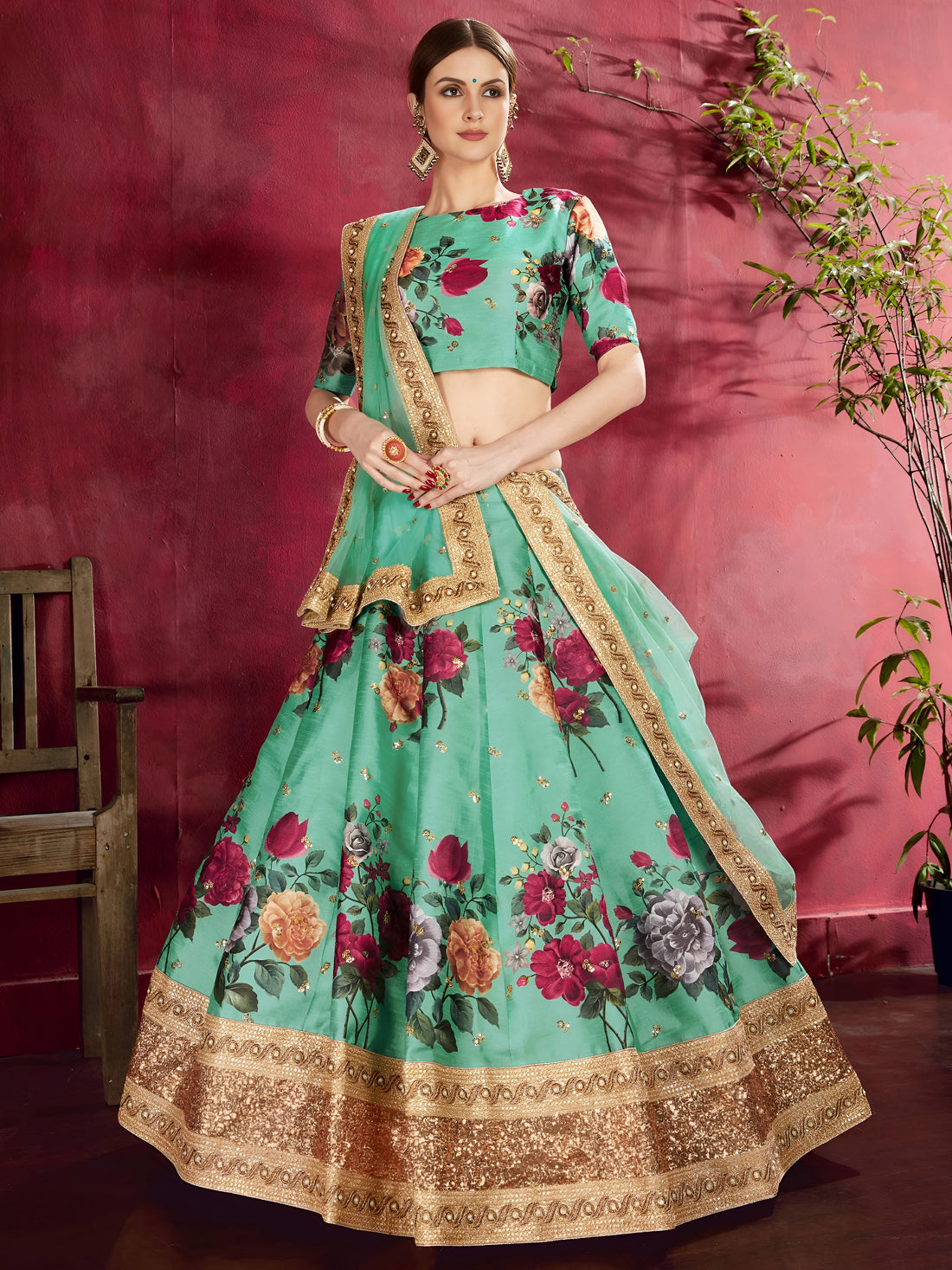 Sea Green Floral Lehenga Choli with Heavy Golden Border & Dupatta