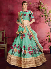 Sea Green Floral Lehenga Choli with Heavy Golden Border & Dupatta