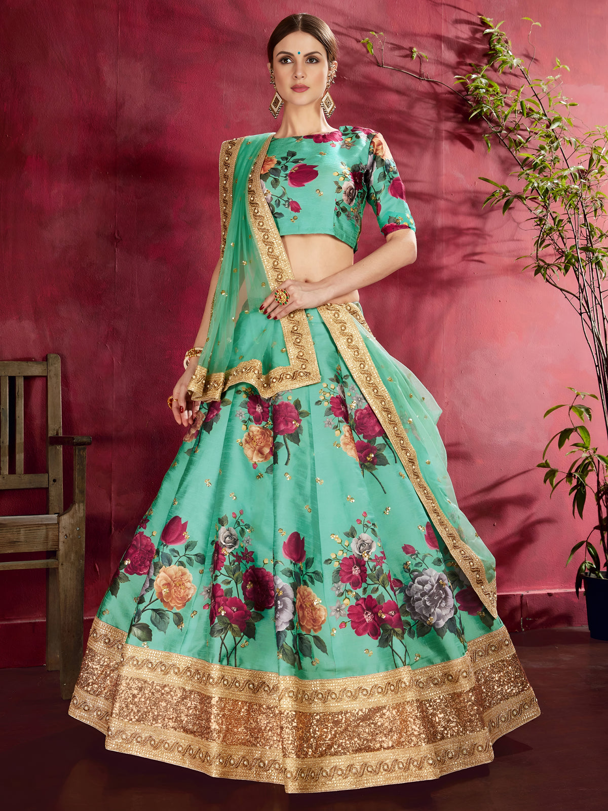 Sea Green Floral Lehenga Choli with Heavy Golden Border & Dupatta
