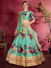 Sea Green Floral Lehenga Choli with Heavy Golden Border & Dupatta