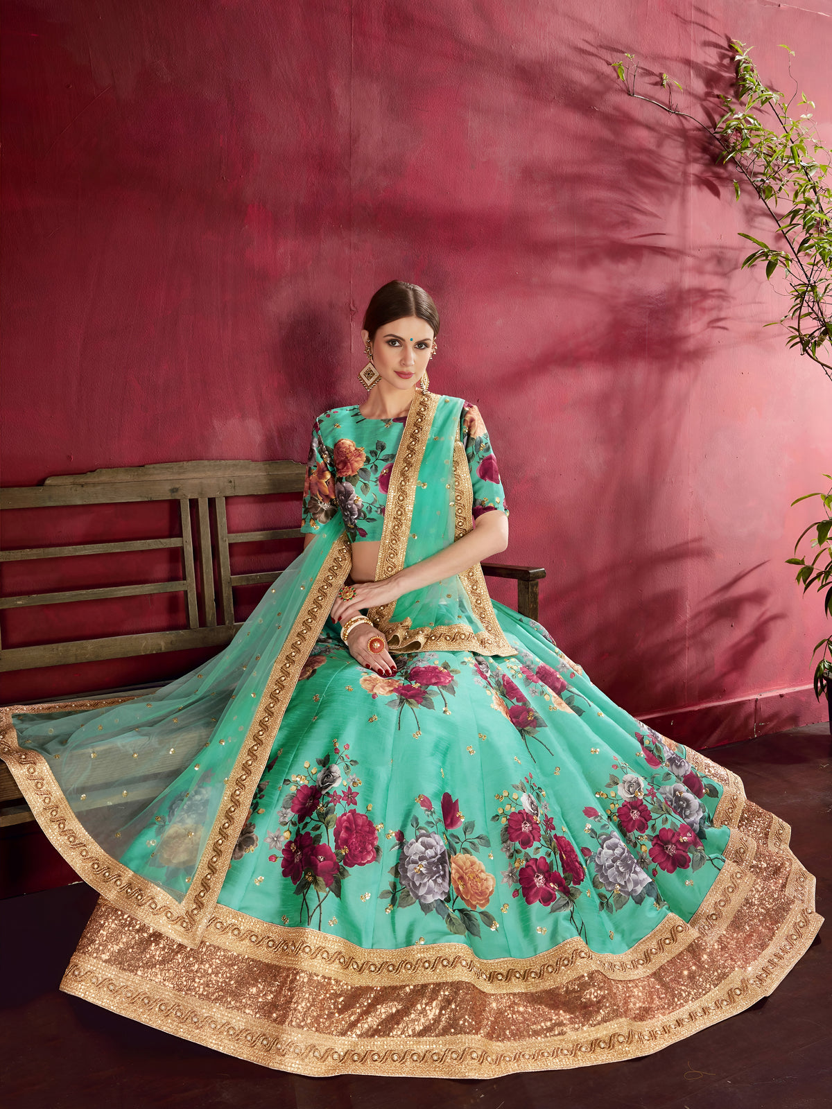 Sea Green Floral Lehenga Choli with Heavy Golden Border & Dupatta