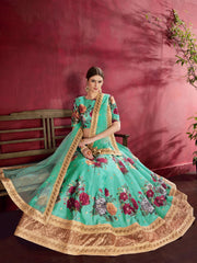 Sea Green Floral Lehenga Choli with Heavy Golden Border & Dupatta