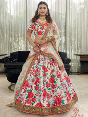 White Floral Lehenga Choli with Red Roses and Gold Embroidered Dupatta
