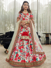 White Floral Lehenga Choli with Red Roses and Gold Embroidered Dupatta