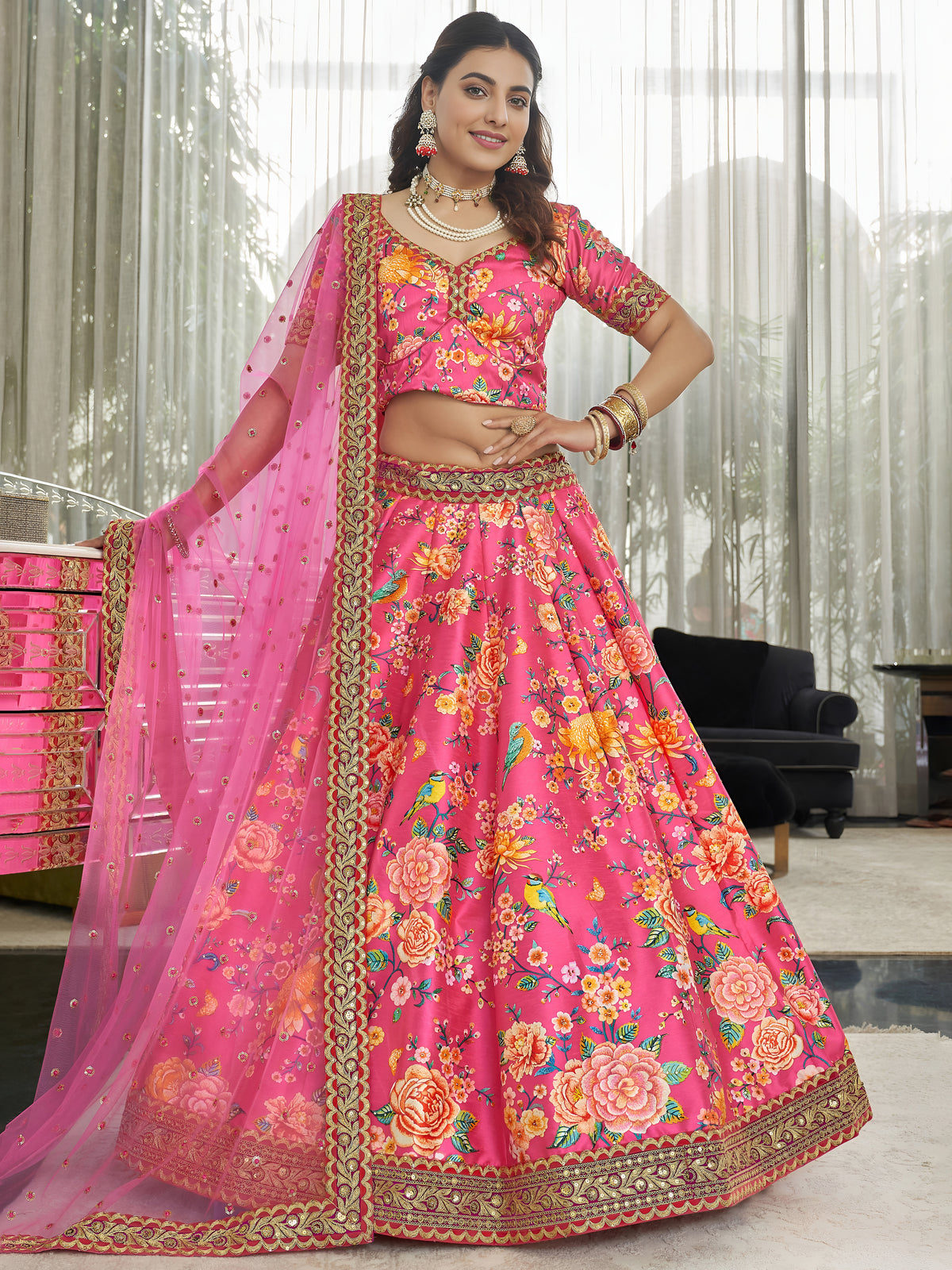 Pink Floral Lehenga Choli with Gold Embroidered Dupatta