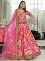 Pink Floral Lehenga Choli with Gold Embroidered Dupatta