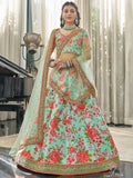 Mint Green Floral Lehenga Choli with Red Rose Print & Gold Border
