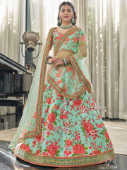Mint Green Floral Lehenga Choli with Red Rose Print & Gold Border