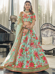 Mint Green Floral Lehenga Choli with Red Rose Print & Gold Border