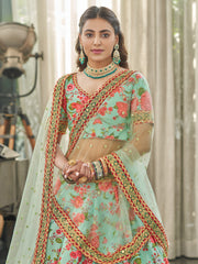 Mint Green Floral Lehenga Choli with Red Rose Print & Gold Border