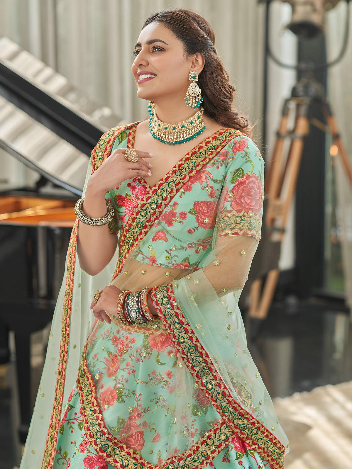 Mint Green Floral Lehenga Choli with Red Rose Print & Gold Border