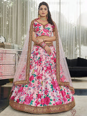 Pink Floral Lehenga Choli with Gold Embroidered Border & Dupatta