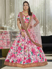 Pink Floral Lehenga Choli with Gold Embroidered Border & Dupatta