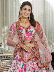Pink Floral Lehenga Choli with Gold Embroidered Border & Dupatta