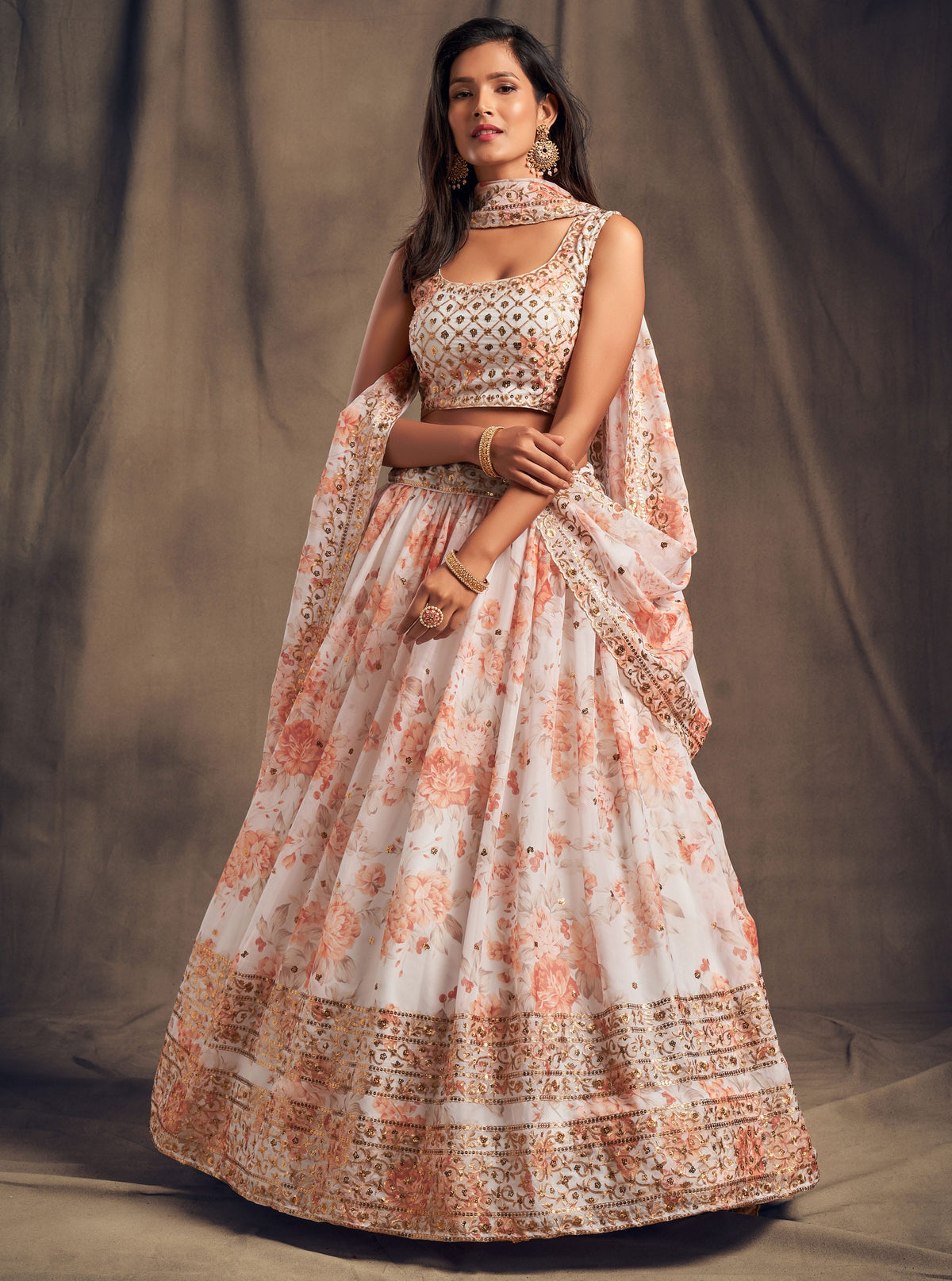 Peach Floral Embroidered Lehenga Choli with Matching Dupatta