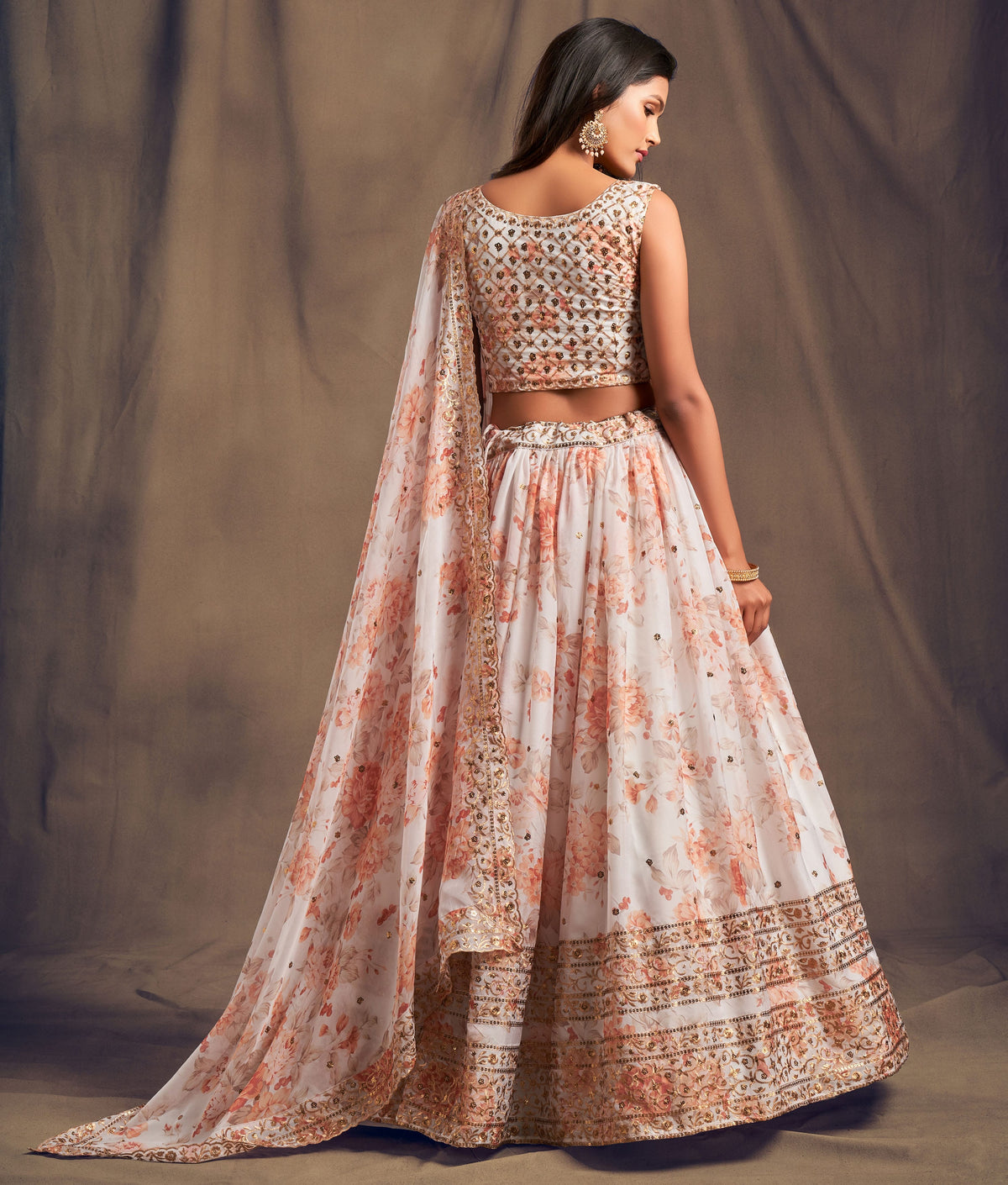 Peach Floral Embroidered Lehenga Choli with Matching Dupatta