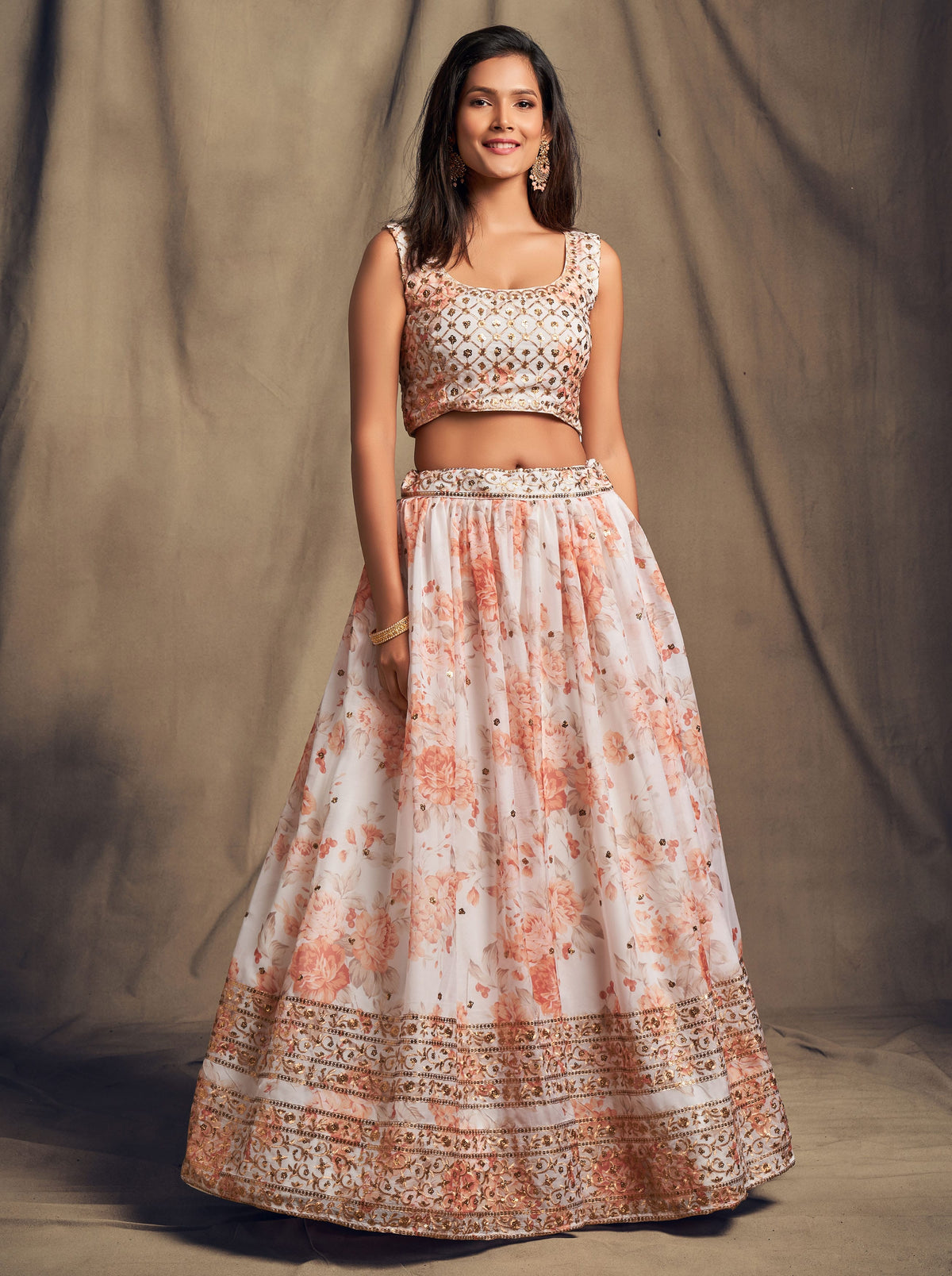 Peach Floral Embroidered Lehenga Choli with Matching Dupatta
