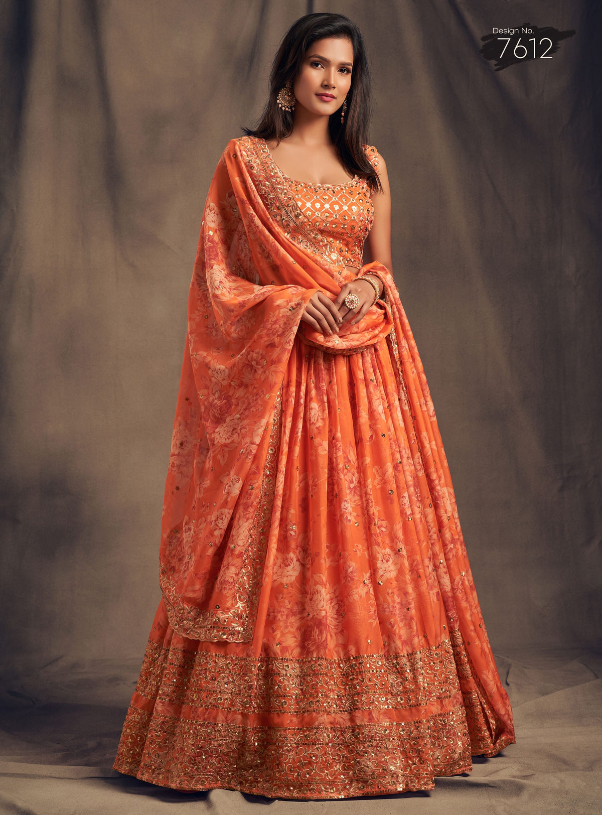 Coral Orange Floral Embroidered Lehenga Choli with Matching Dupatta