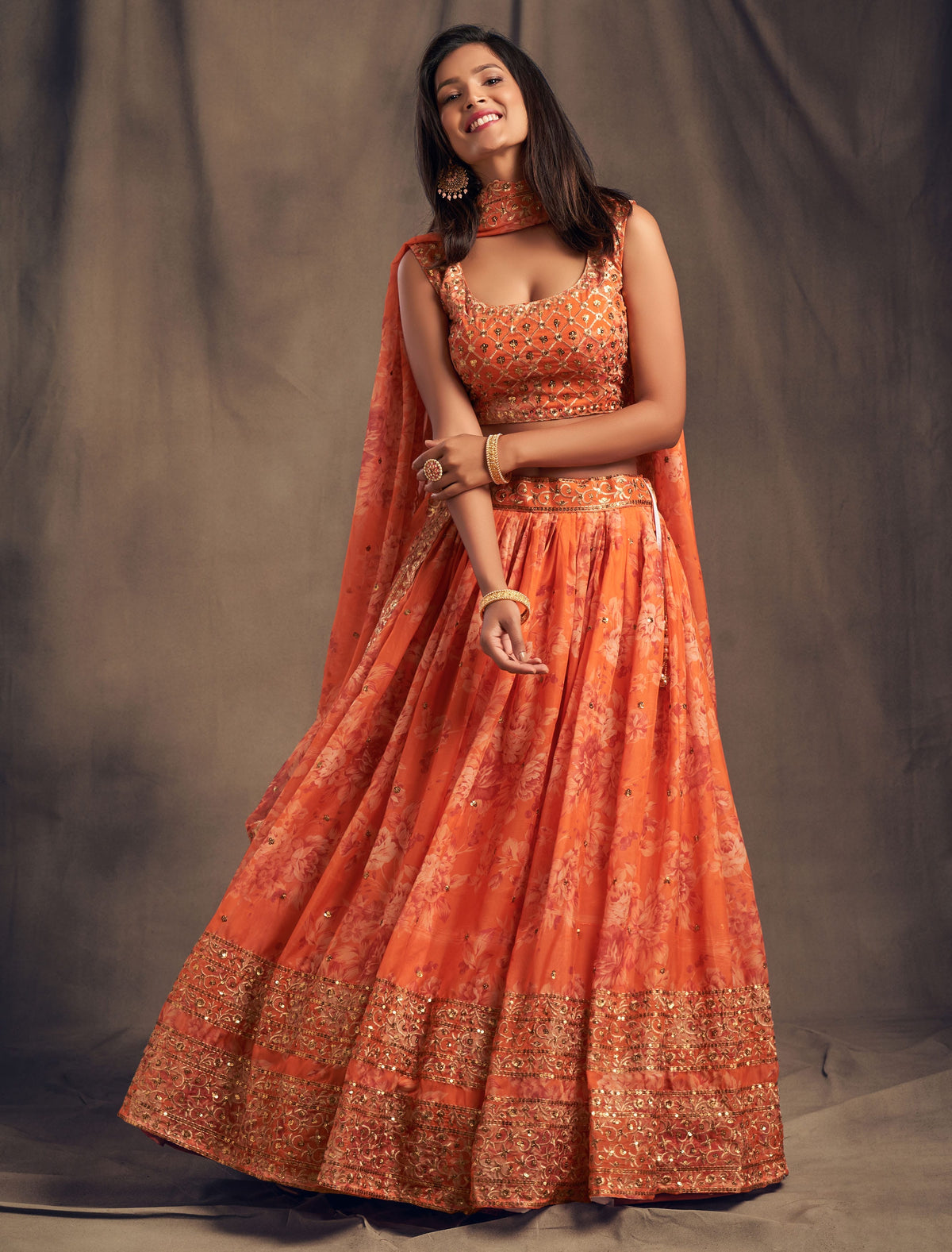 Coral Orange Floral Embroidered Lehenga Choli with Matching Dupatta