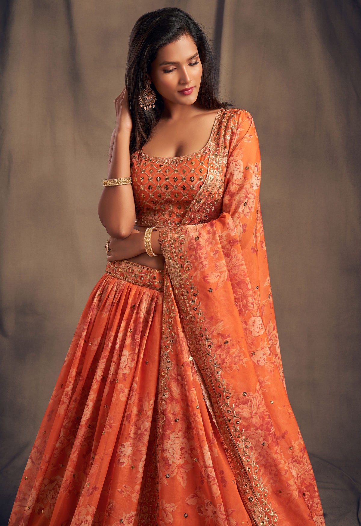 Coral Orange Floral Embroidered Lehenga Choli with Matching Dupatta
