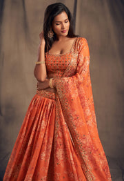 Coral Orange Floral Embroidered Lehenga Choli with Matching Dupatta