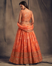 Coral Orange Floral Embroidered Lehenga Choli with Matching Dupatta