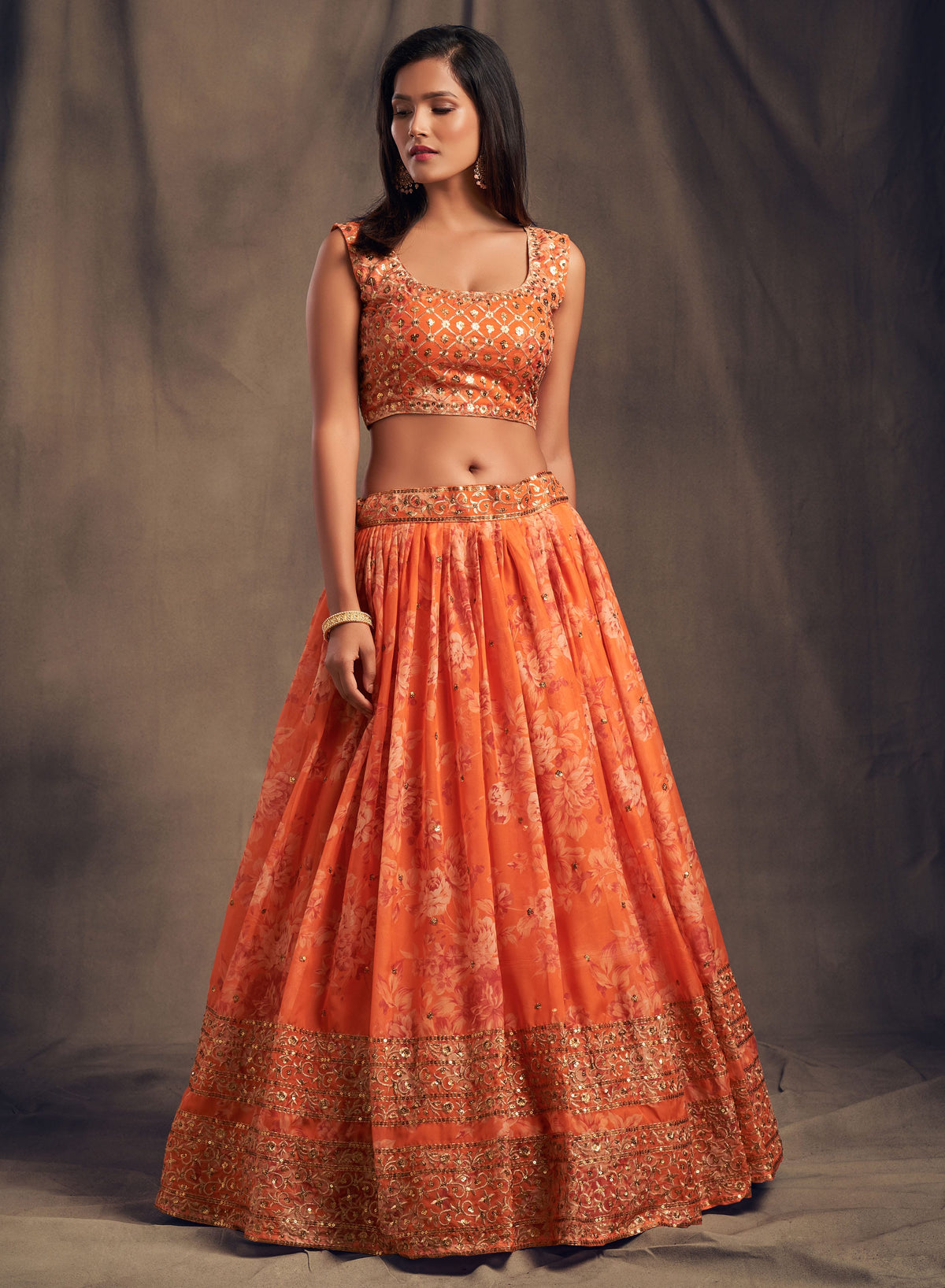 Coral Orange Floral Embroidered Lehenga Choli with Matching Dupatta
