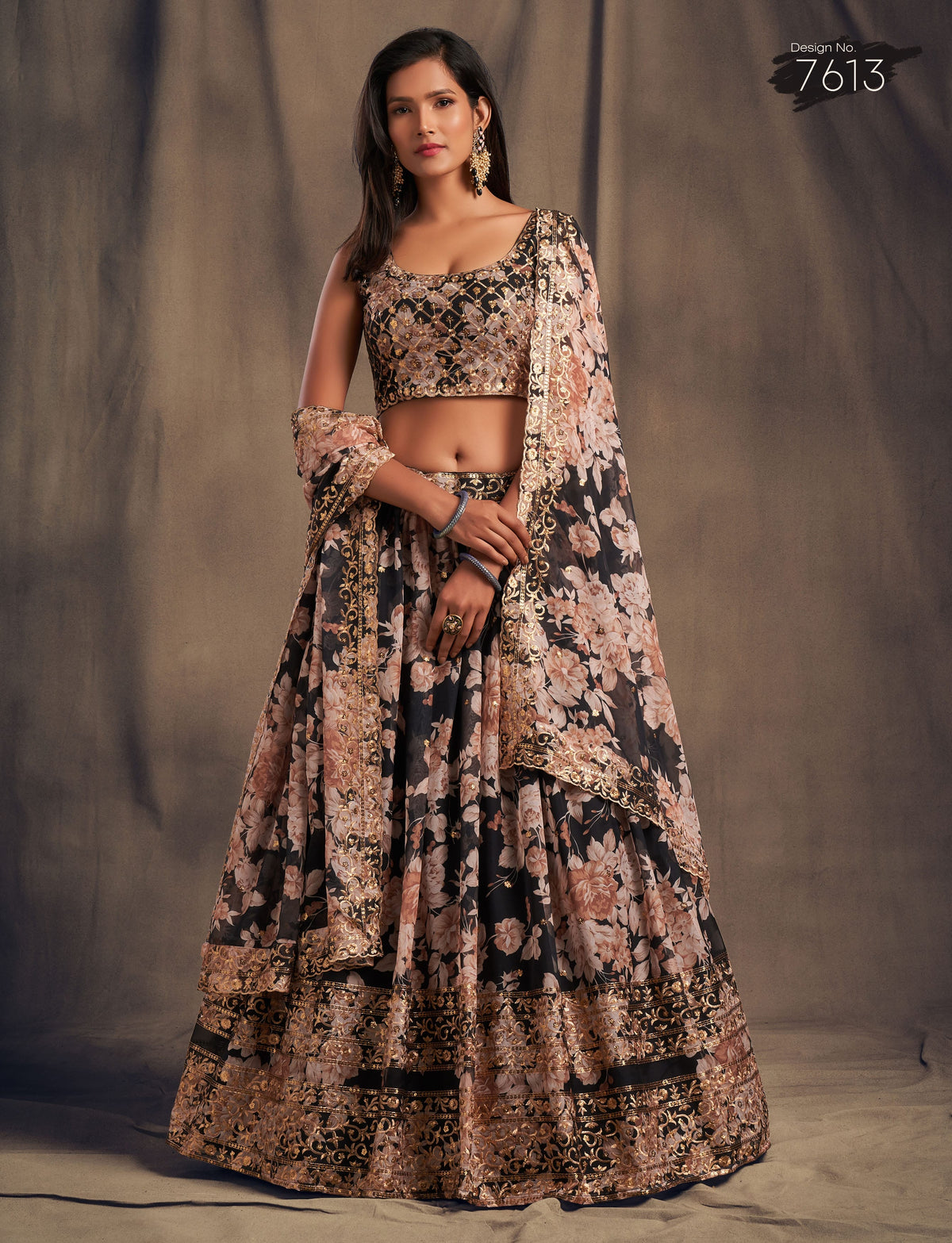 Black Floral Embroidered Lehenga Choli with Peach Dupatta