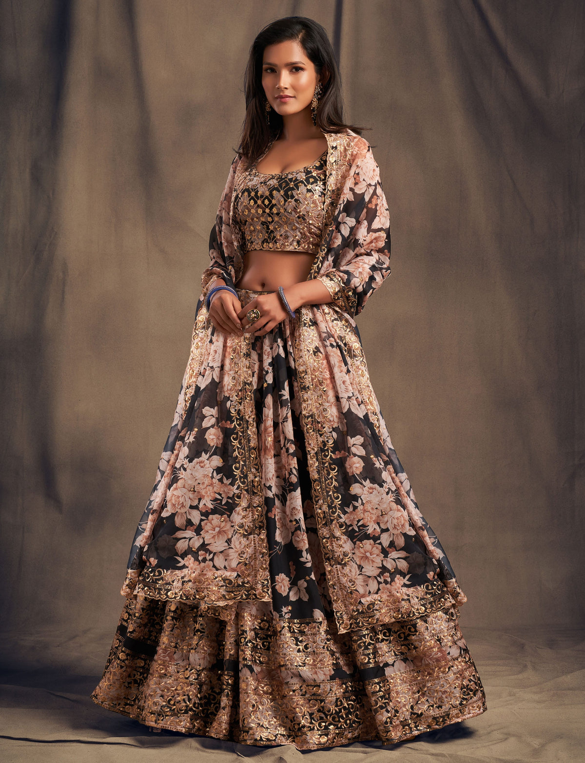 Black Floral Embroidered Lehenga Choli with Peach Dupatta