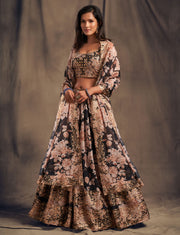Black Floral Embroidered Lehenga Choli with Peach Dupatta