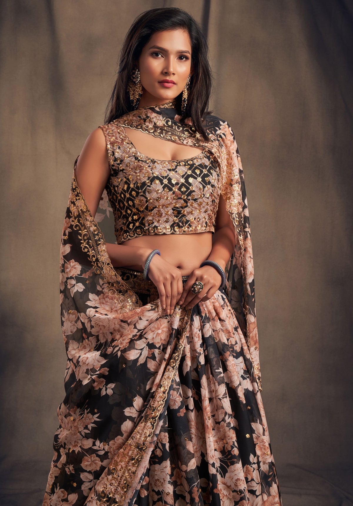 Black Floral Embroidered Lehenga Choli with Peach Dupatta