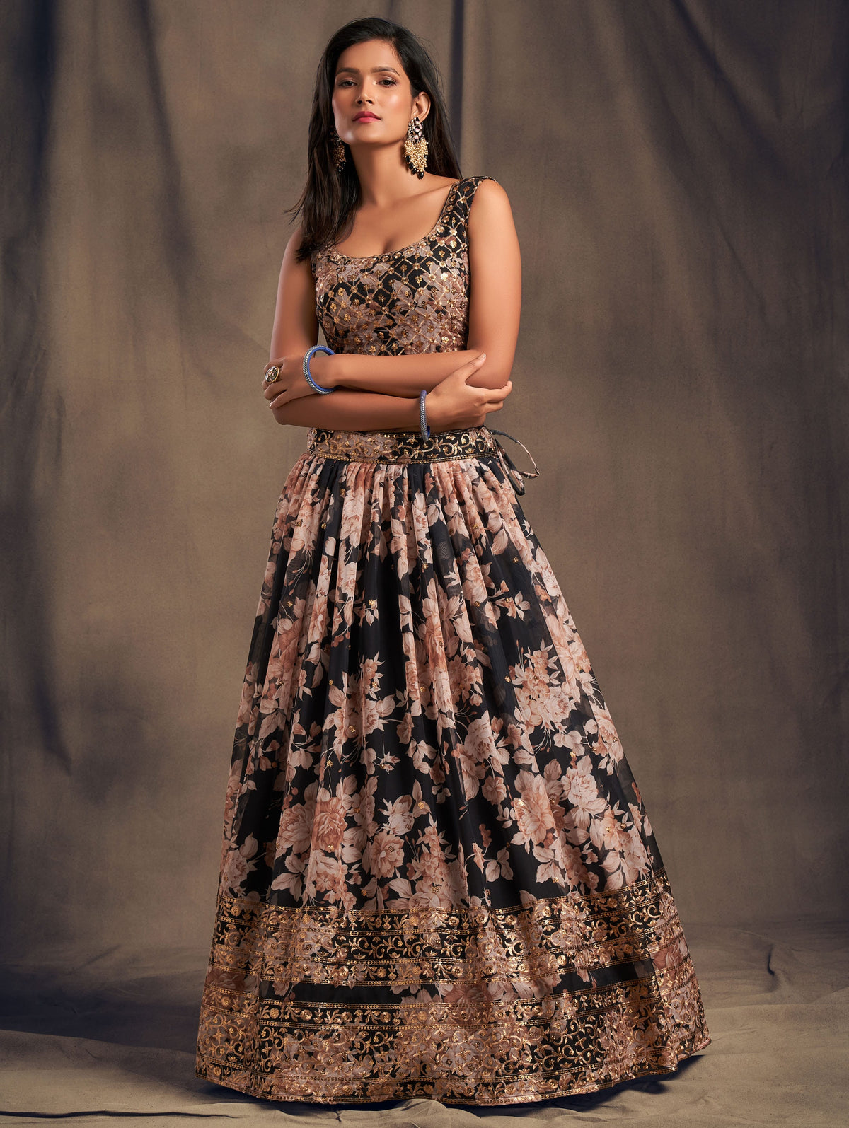 Black Floral Embroidered Lehenga Choli with Peach Dupatta