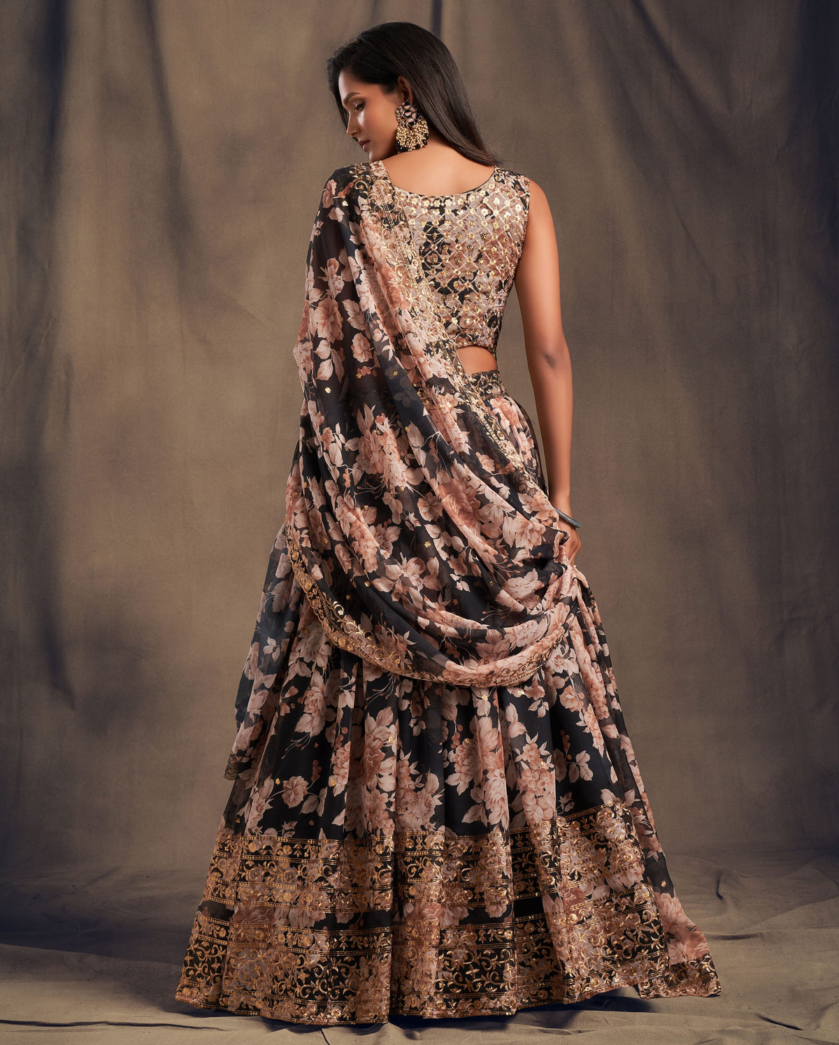 Black Floral Embroidered Lehenga Choli with Peach Dupatta