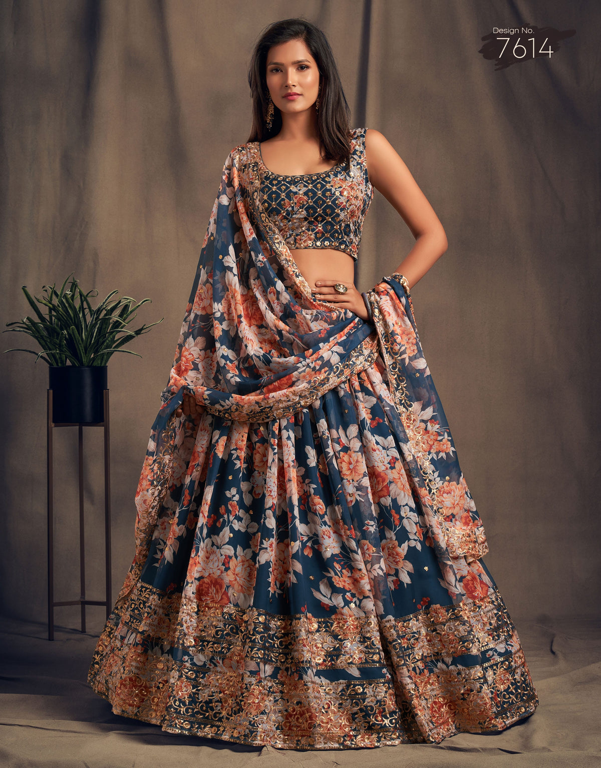 Navy Blue Floral Lehenga Choli with Peach Embroidered Dupatta