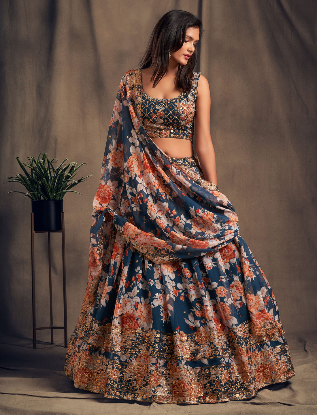 Navy Blue Floral Lehenga Choli with Peach Embroidered Dupatta