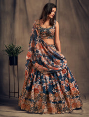 Navy Blue Floral Lehenga Choli with Peach Embroidered Dupatta