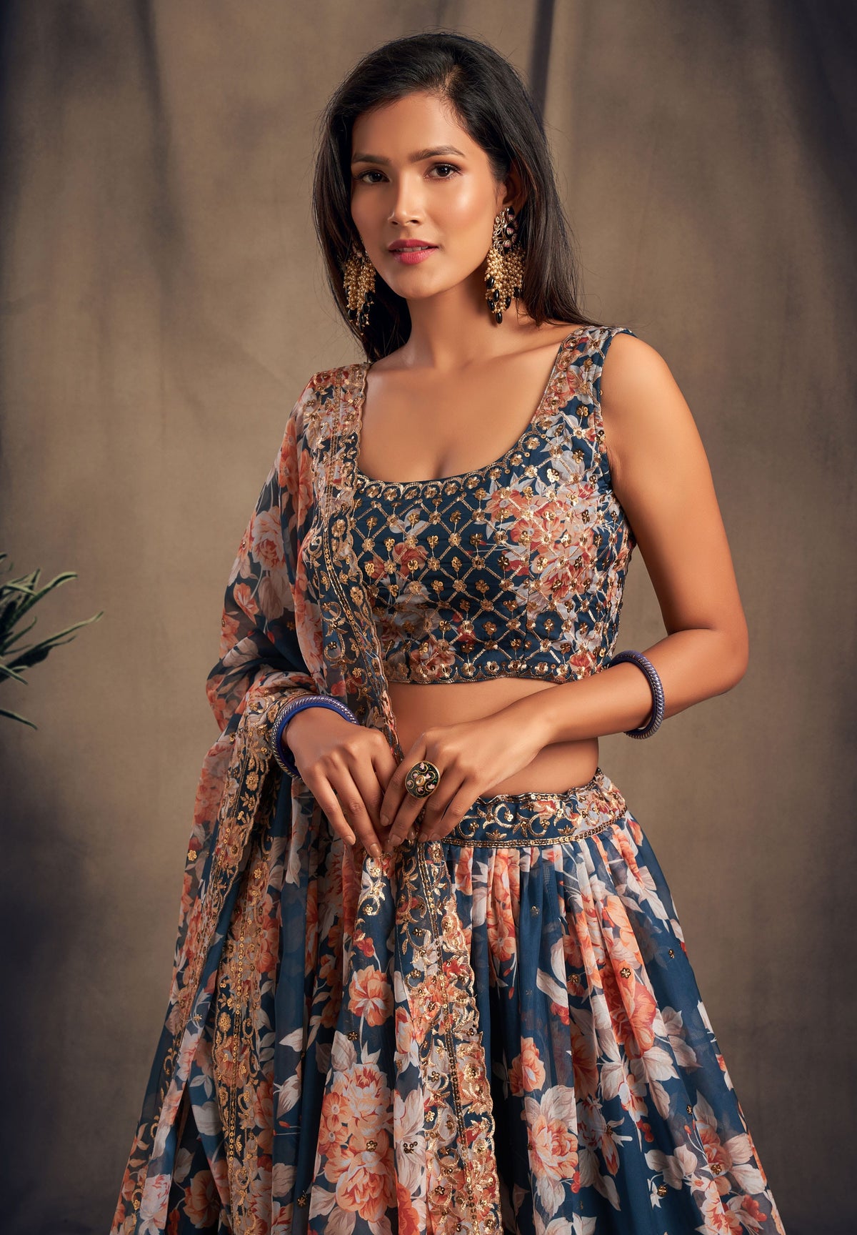 Navy Blue Floral Lehenga Choli with Peach Embroidered Dupatta