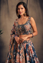Navy Blue Floral Lehenga Choli with Peach Embroidered Dupatta
