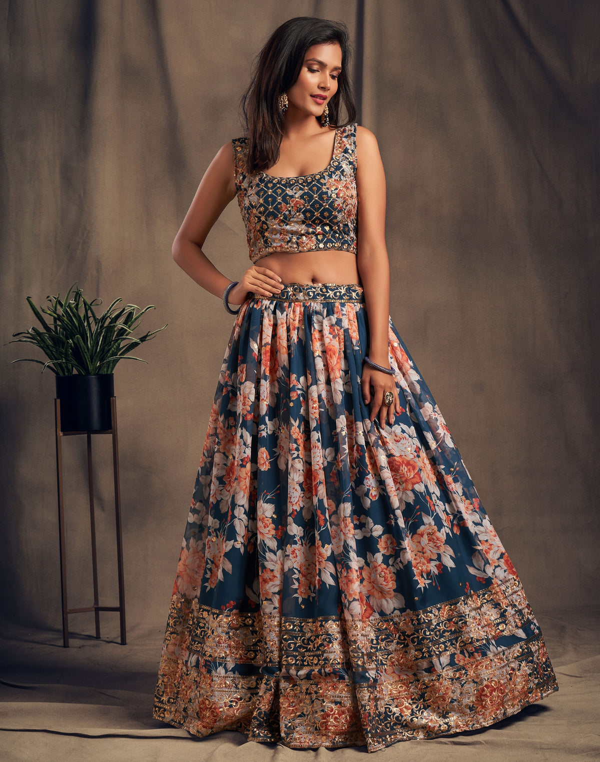 Navy Blue Floral Lehenga Choli with Peach Embroidered Dupatta