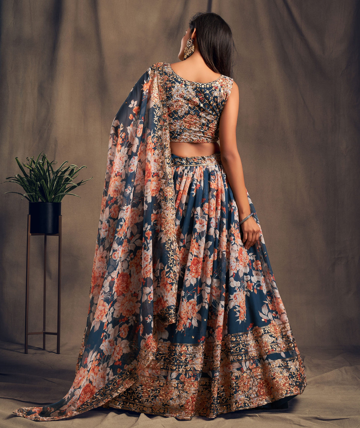 Navy Blue Floral Lehenga Choli with Peach Embroidered Dupatta