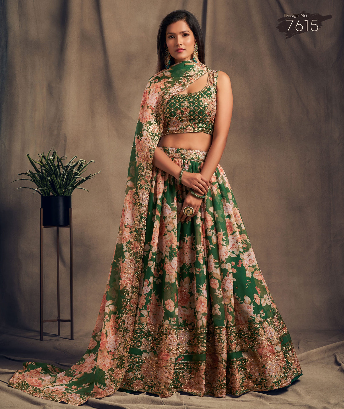 Emerald Green Floral Lehenga Choli with Peach Embroidered Dupatta