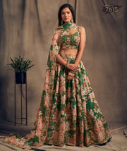 Emerald Green Floral Lehenga Choli with Peach Embroidered Dupatta