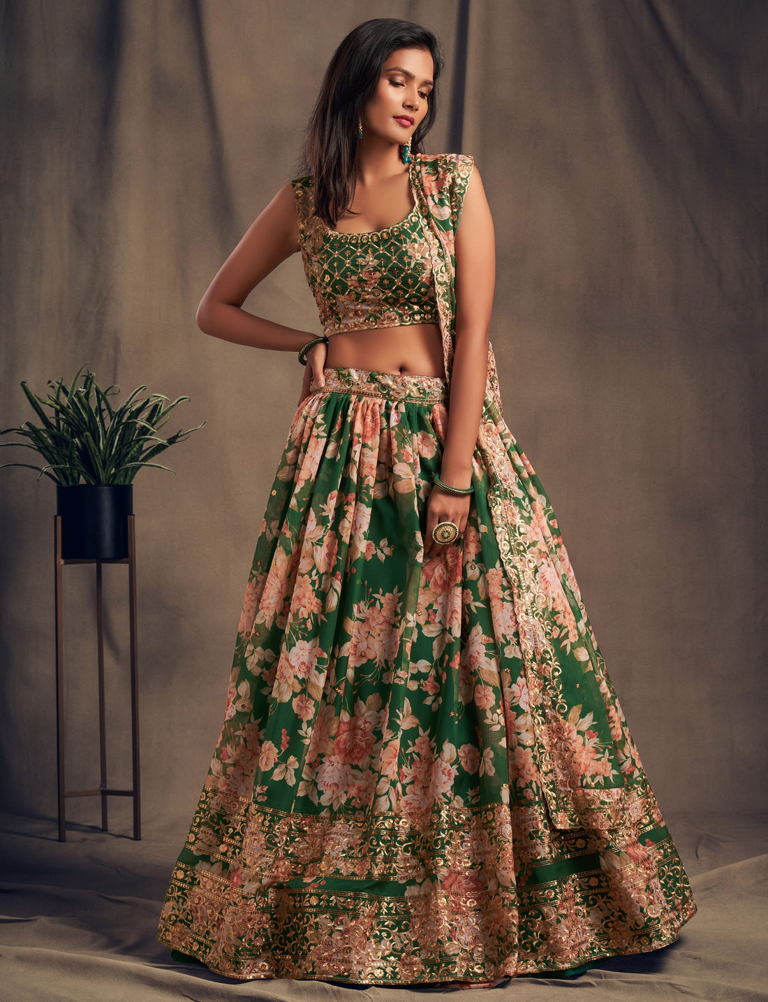 Emerald Green Floral Lehenga Choli with Peach Embroidered Dupatta