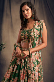 Emerald Green Floral Lehenga Choli with Peach Embroidered Dupatta